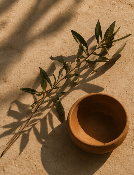 Olive branch resting beside a handmade terracotta bowl